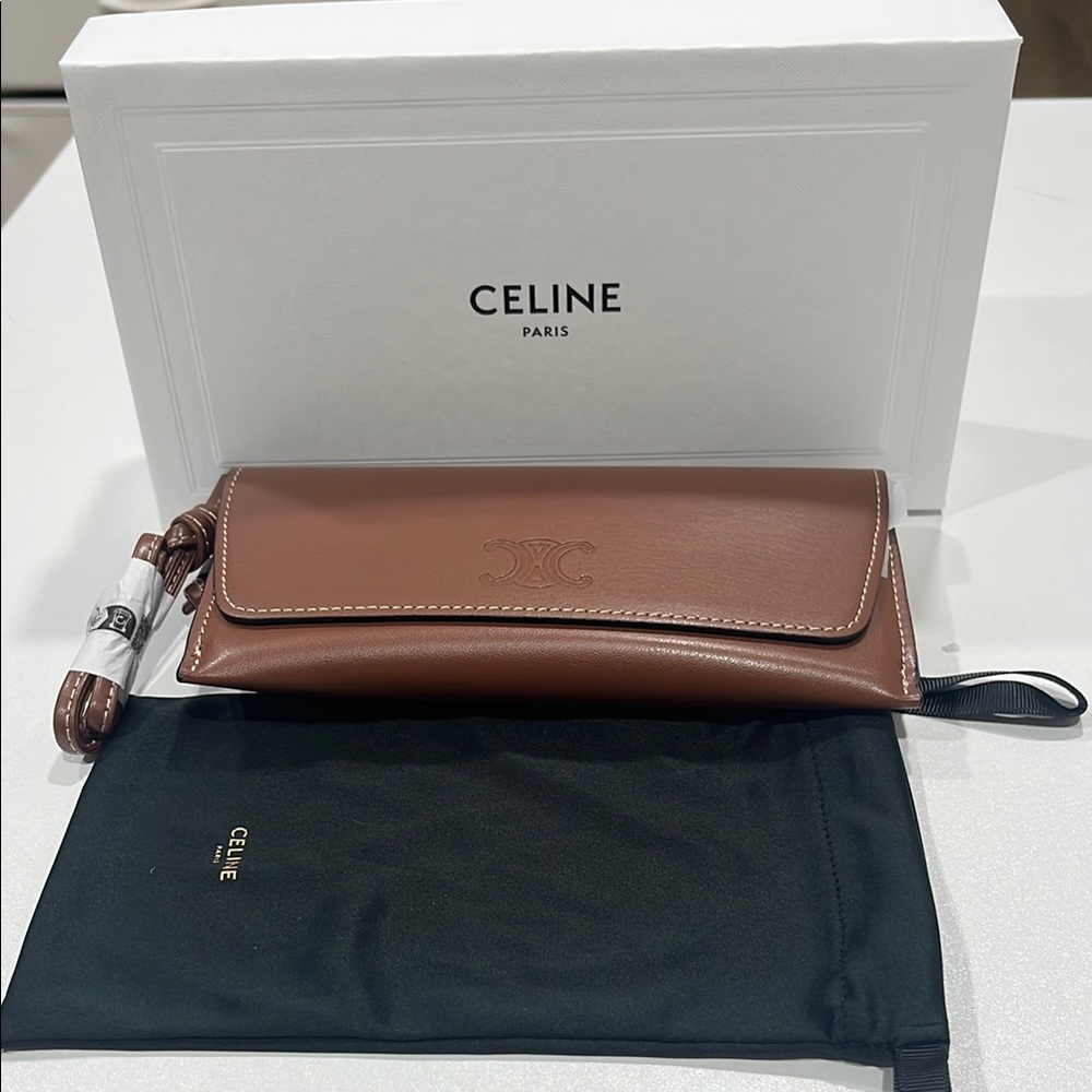 Celine Triomphe Brown Leather Wallet / Glasses Holder